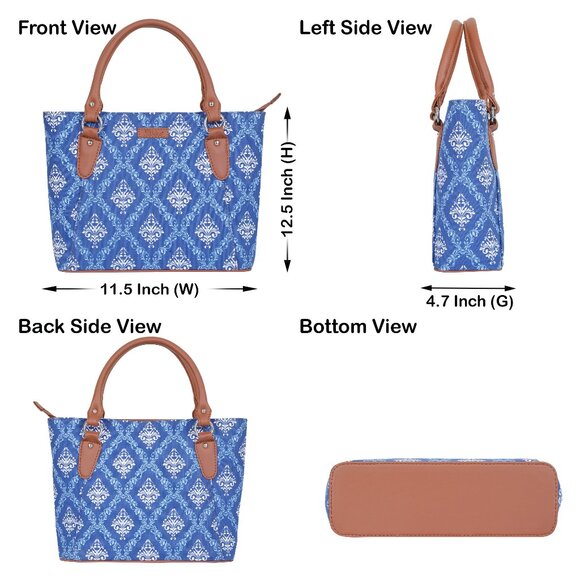 Hand Crafted Blue Printed Fabric Top Handle Handbag, Women Satchel Bag Purse - Picture 3 of 11